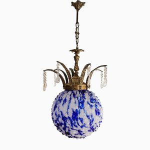 Large Art Nouveau Blue White Murano Glass & Bronze Hanging Lamp, 1940s