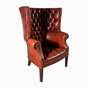 Antique Barrel Back Porters Leather Library Fireside Armchair