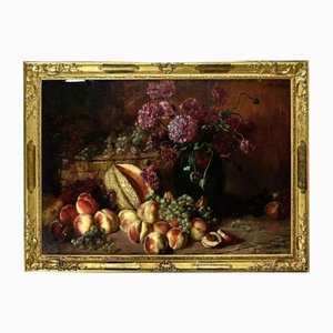 Max Ebersberg, Still Life with Carnations and Fruit, 1900s, Oil on Canvas, Framed