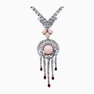 Diamonds, Rubies, Pink Coral, 14 Karat White Gold Necklace