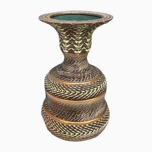 Mid-Century Hand Painted Gilded Geometric Porcelain Amphora Form Vase