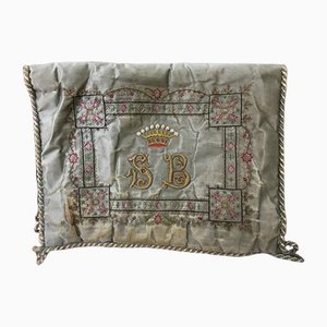 Antique French Embroidered Silk Needlework Crest Monogram Letter Pocket