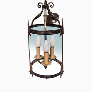 Vintage French Vestibule Barrel Bronze Glass Pendant Lantern