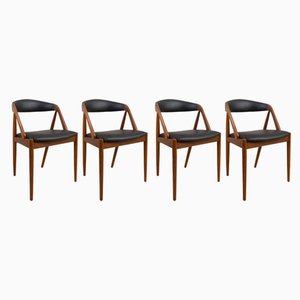 Model 31 Dining Chairs in Teak and Black Leather by Kai Kristiansen for Schou Andersen, Denmark, 1960s, Set of 4