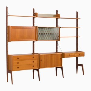 Free Standing Teak 3-Bay Ergo Wall Unit with Desk, 4 Cabinets and 5 Shelves