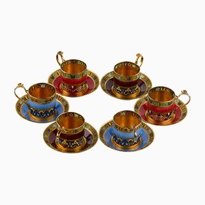 Silver Enamel Cups and Saucers, Set of 6