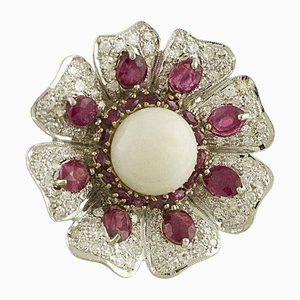 White Diamonds Rubies White Coral White and Rose Gold Flower Fashion Ring