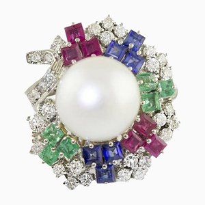 Australian Pearl Diamonds Rubies Sapphires Emeralds White Gold Cocktail Ring