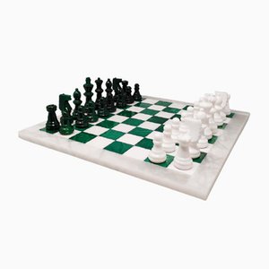 Italian Volterra Alabaster Handmade Green and White Chess Set, 1970s, Set of 33