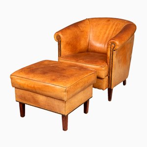 20th Century Dutch Sheepskin Leather Tub Chair & Footstool, Set of 2