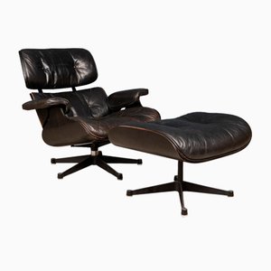 Eames Black Leather Lounge Chair & Ottoman from Vitra, 1980s, Set of 2