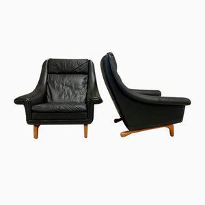 Large Black Leather Lounge Chairs, 1950s, Set of 2
