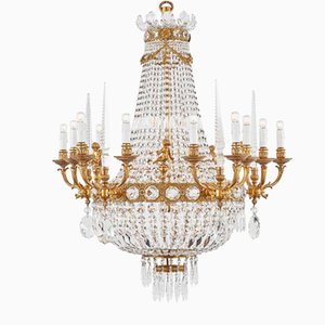 Empire Style Golden Bronze Crystal Chandelier with Obelisks and Golden Putti