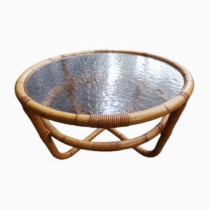 Circular Bamboo and Frosted Glass Coffee Table, 1960s