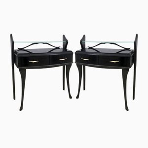 Mid-Century Italian Black Lacquered Wood Nightstands with Glass Tops, Set of 2