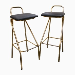 Mid-Century Brass Metal Leather Bar Stools, Italy, 1960, Set of 2