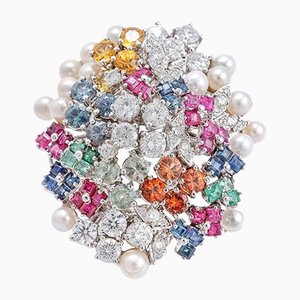 Bague Diamant en Or Blanc avec Perles, Rubis, Saphirs et Émeraudes