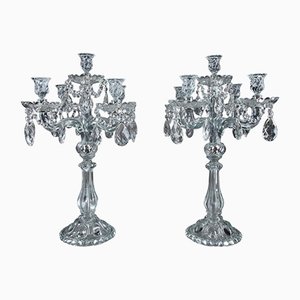 Candelabros de vidrio con colgantes de cristal. Juego de 2