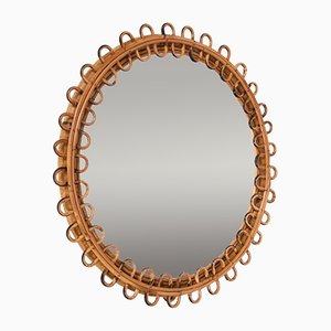 Mid-Century French Riviera Round Rattan and Bamboo Mirror, Italy, 1950s