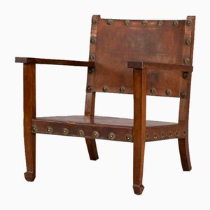Spanish Brutalist Oak Chair with Saddle Leather, 1950s