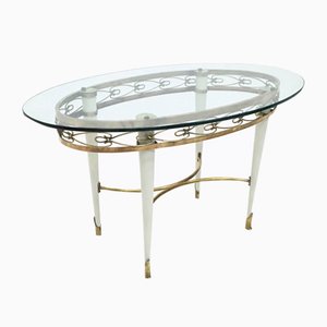 Mid-Century Italian Brass and Lacquered Beech Coffee Table with an Oval Glass Top