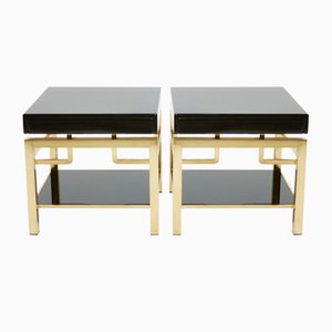 Black Lacquer and Brass 2-Tier Nightstands by Guy Lefevre for Maison Jansen, 1970s, Set of 2