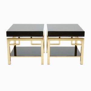 Black Lacquer and Brass 2-Tier Nightstands by Guy Lefevre for Maison Jansen, 1970s, Set of 2