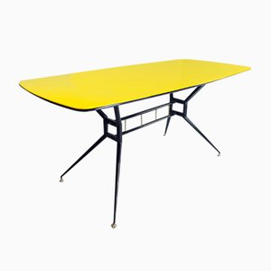 Vintage Lacquered Dining Table with Black Base and Yellow Glass Top, 1950s