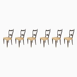 Mid-Century Italian Beech and Brass Dining Chairs with Goldenrod Fabric, Set of 6