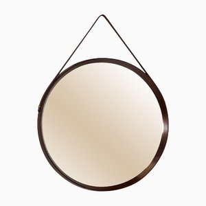Round Italian Wall Mirror in Solid Teak, Leather and Brass, 1950s