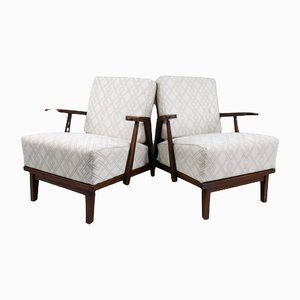Oak and Fabric Armchairs, France, 1950s, Set of 2