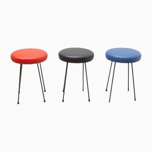Black, Red and Blue Low Bar Stools, France, 1950s, Set of 3