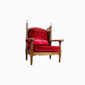 Antique Oak Armchair with Red Upholstery