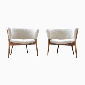 Mid-Century Modern Swedish Lounge Chairs in Sheepskin and Stained Wood, 1962, Set of 2
