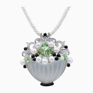 Peridots, Diamonds, Onyx, Rock Crystal, Pearls, Platinum Brooch/Pendant Necklace
