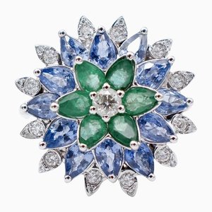 Emeralds, Sapphires, Diamonds, 14 Karat White Gold Flower Shape Ring