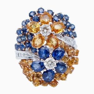 Ring aus 14 Karat Weißgold mit Blauen und Gelben Saphiren, Diamanten