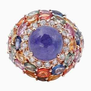 Tanzanite, Multicolor Sapphires, Diamonds, 14 Karat Rose Gold Cluster Ring