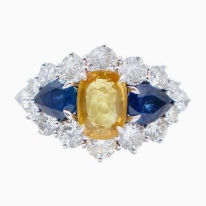 Blauer und Gelber Topas, Diamanten, 14 Karat Weißgold Retrò Ring