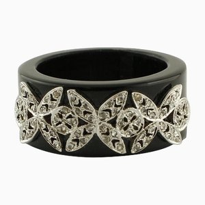Diamonds, White Gold Butterfly Details, Onyx Band Ring