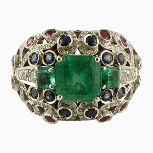 Emeralds, Diamonds, Blue Sapphires, Rubies 18 Karat White Gold Cluster Ring