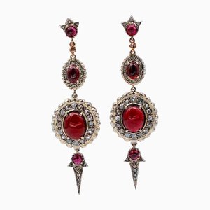 Garnets, Diamonds, 14 Karat Rose Gold and Silver Dangle Earrings