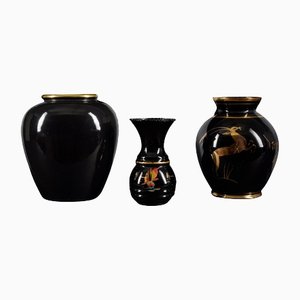 Black Glazed Ceramic Vases with Gold Design, Set of 3