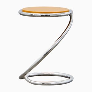 PH Snake Stool, Chrome, Yellow Painted Satin Matte, Wood Seat, Visible Tubes