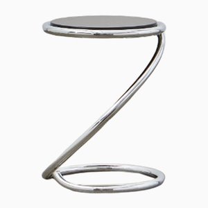 Tabouret PH Snake, Chrome, Peint en Noir Mat, Assise en Bois, Tubes Visibles