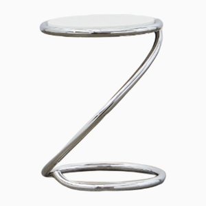 Tabouret PH Snake, Chrome, Satin Peint en Blanc, Assise en Bois, Tubes Visibles