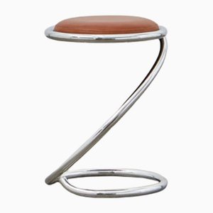 PH Snake Stool, Chrome, Aniline Leather Walnut, Leather Upholstery, Visible Tubes