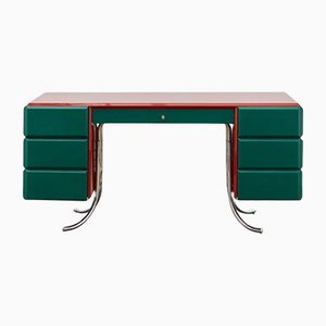 PH Office Desk, Chrome, Red Painted Polished, Satin Matte Drawers, Green Leather