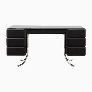 PH Office Desk, Chrome, Black Painted Polished, Leather on Panles, Satin Matte Drawers