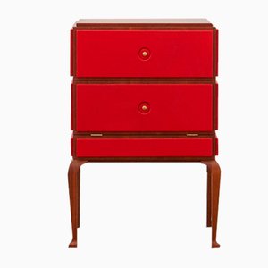 PH Small Drawer Chest with Wooden Legs, Mahogany Veneer, Red Leather & White Ash Drawers
